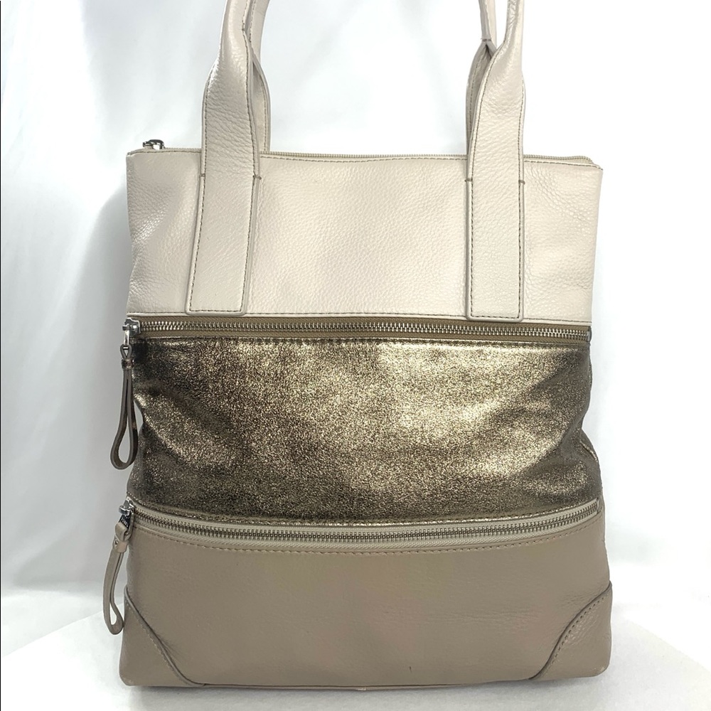Fossil Cream Metallic Gold Taupe Stripes Leather Large Shoulder Bag Purse
